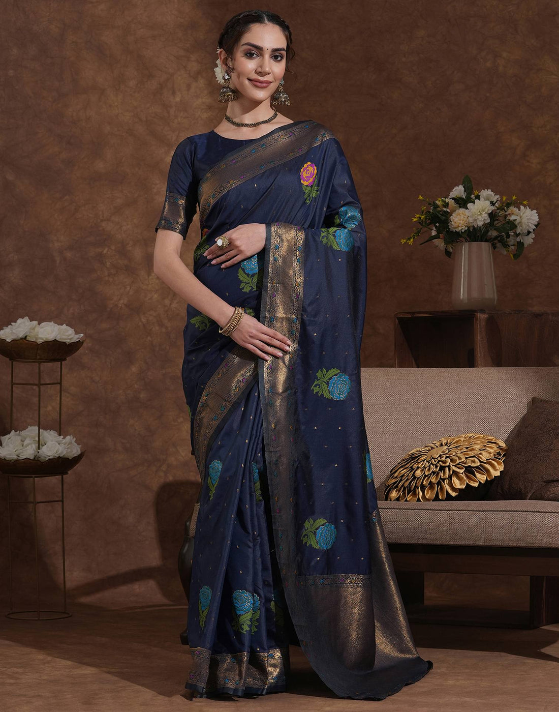 Navy Blue Silk Woven Banarasi Saree