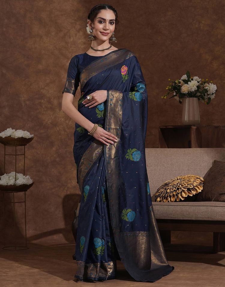 Navy Blue Silk Woven Banarasi Saree