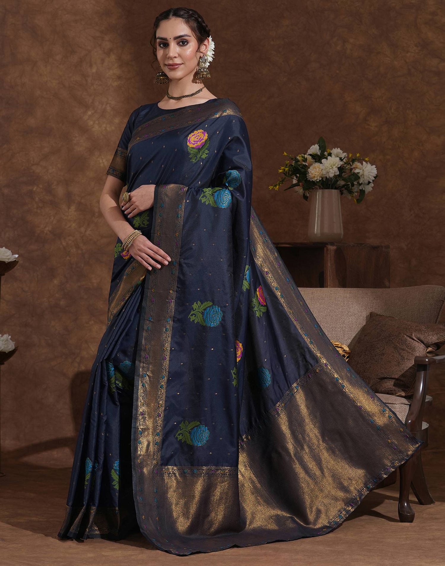 Navy Blue Silk Woven Banarasi Saree