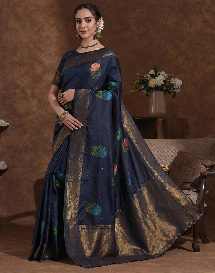 Navy Blue Silk Woven Banarasi Saree