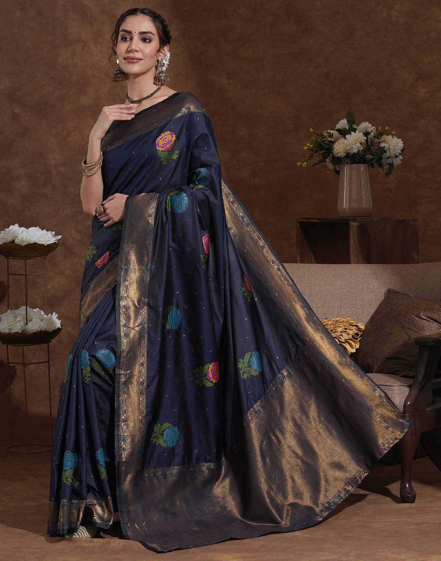 Navy Blue Silk Woven Banarasi Saree