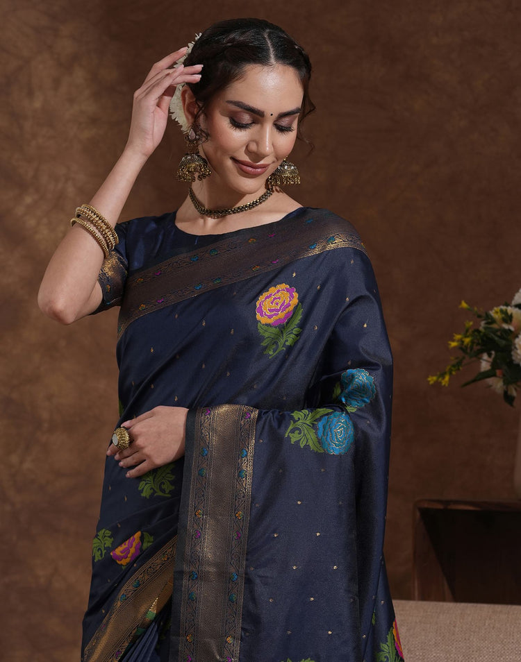 Navy Blue Silk Woven Banarasi Saree
