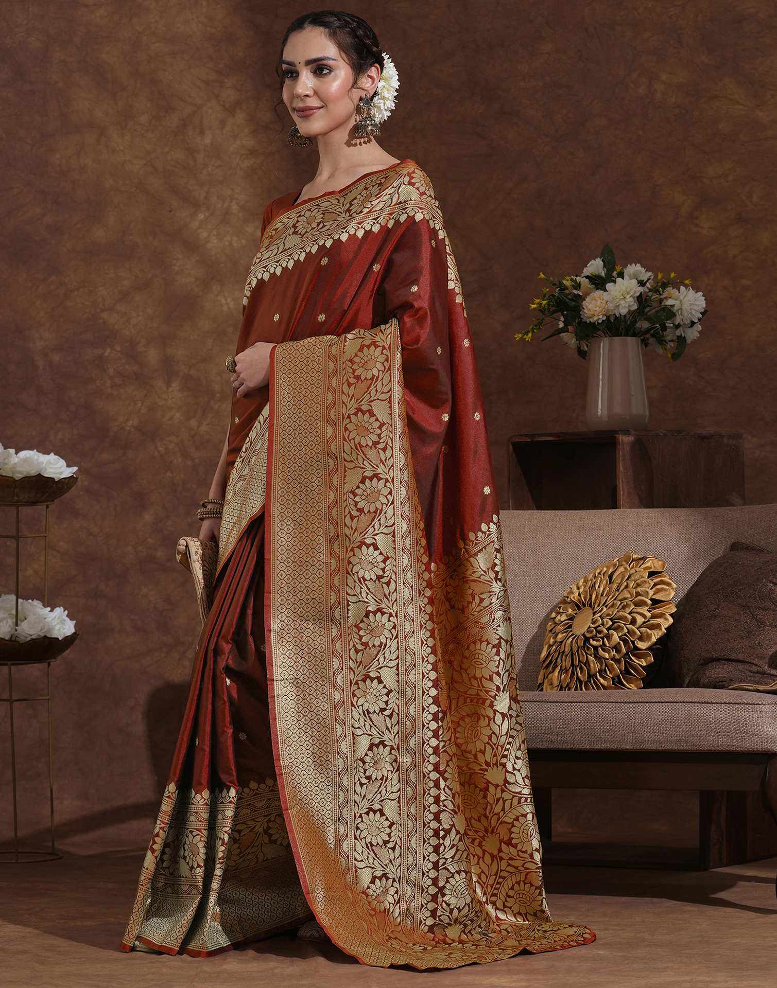 Maroon Silk Woven Kanjivaram Saree