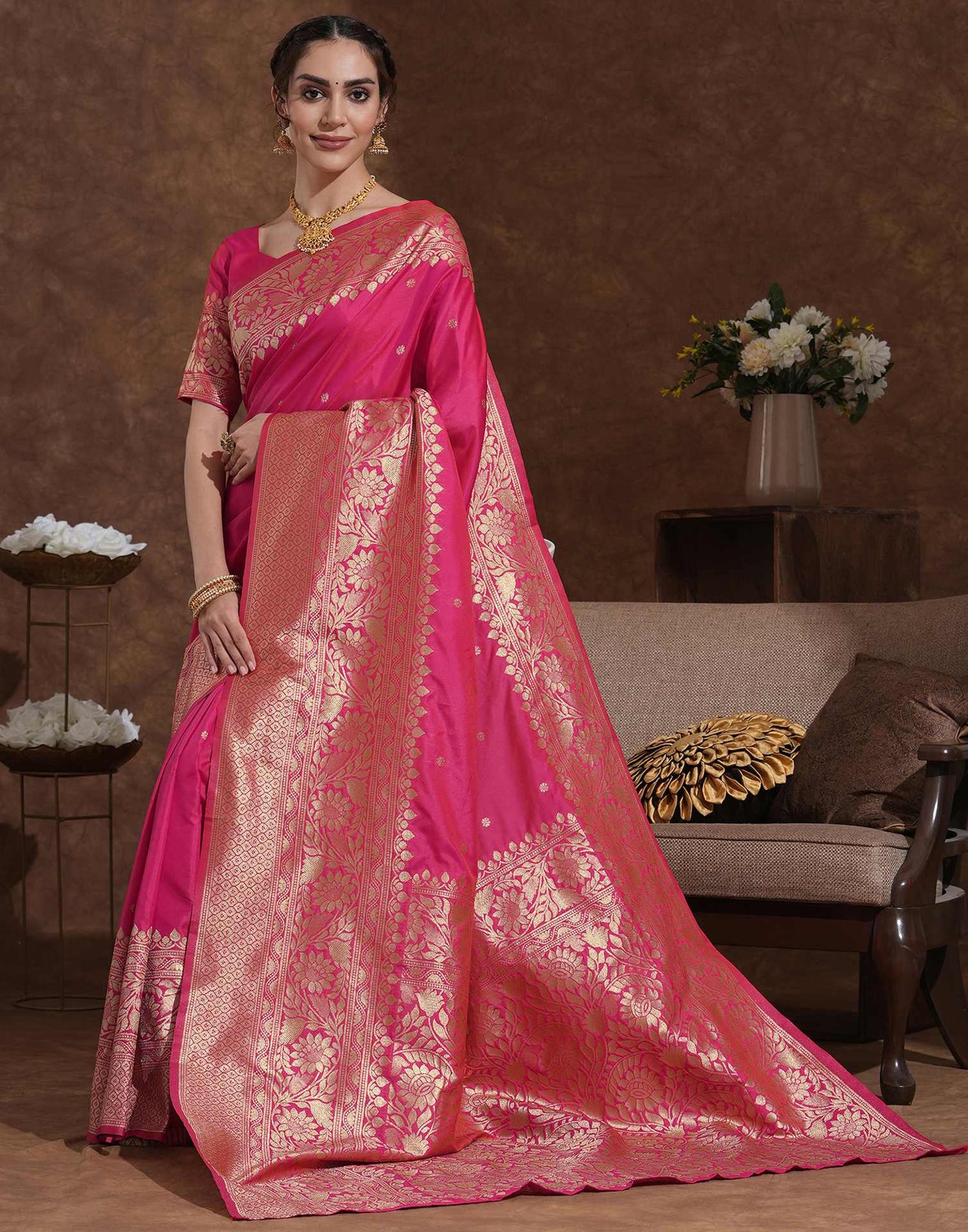Rani Pink Silk Woven Kanjivaram Saree