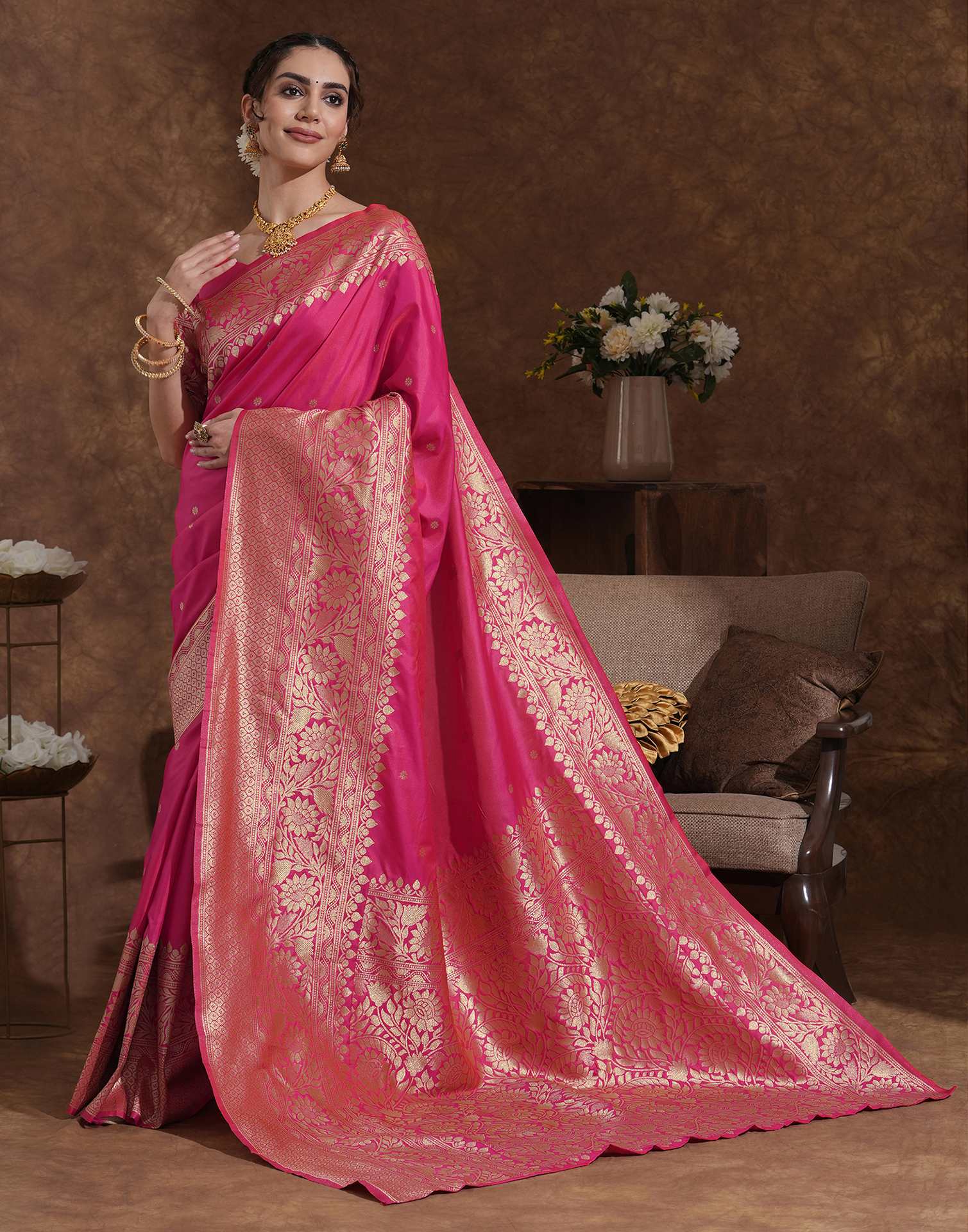 Rani Pink Silk Woven Kanjivaram Saree