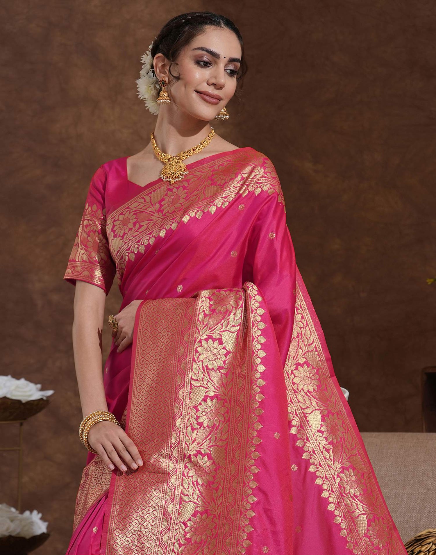 Rani Pink Silk Woven Kanjivaram Saree
