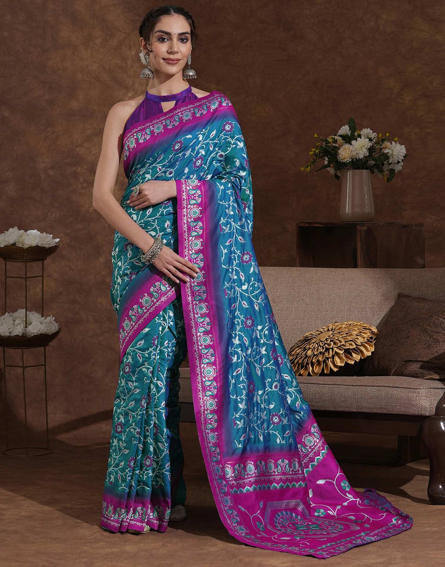Teal Blue Silk Woven Banarasi Saree