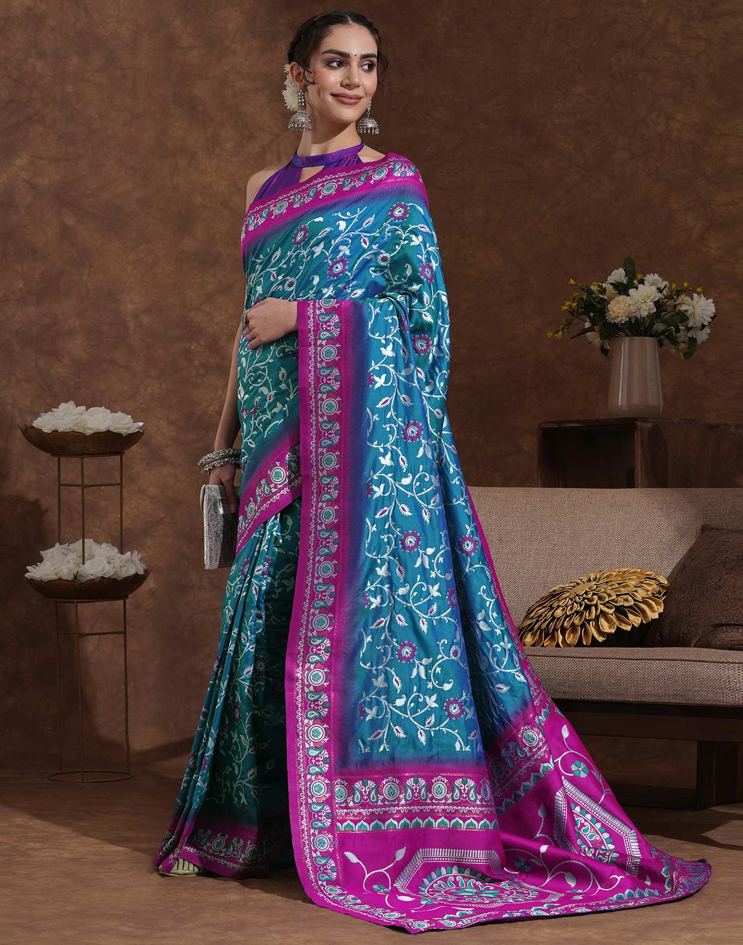 Teal Blue Silk Woven Banarasi Saree