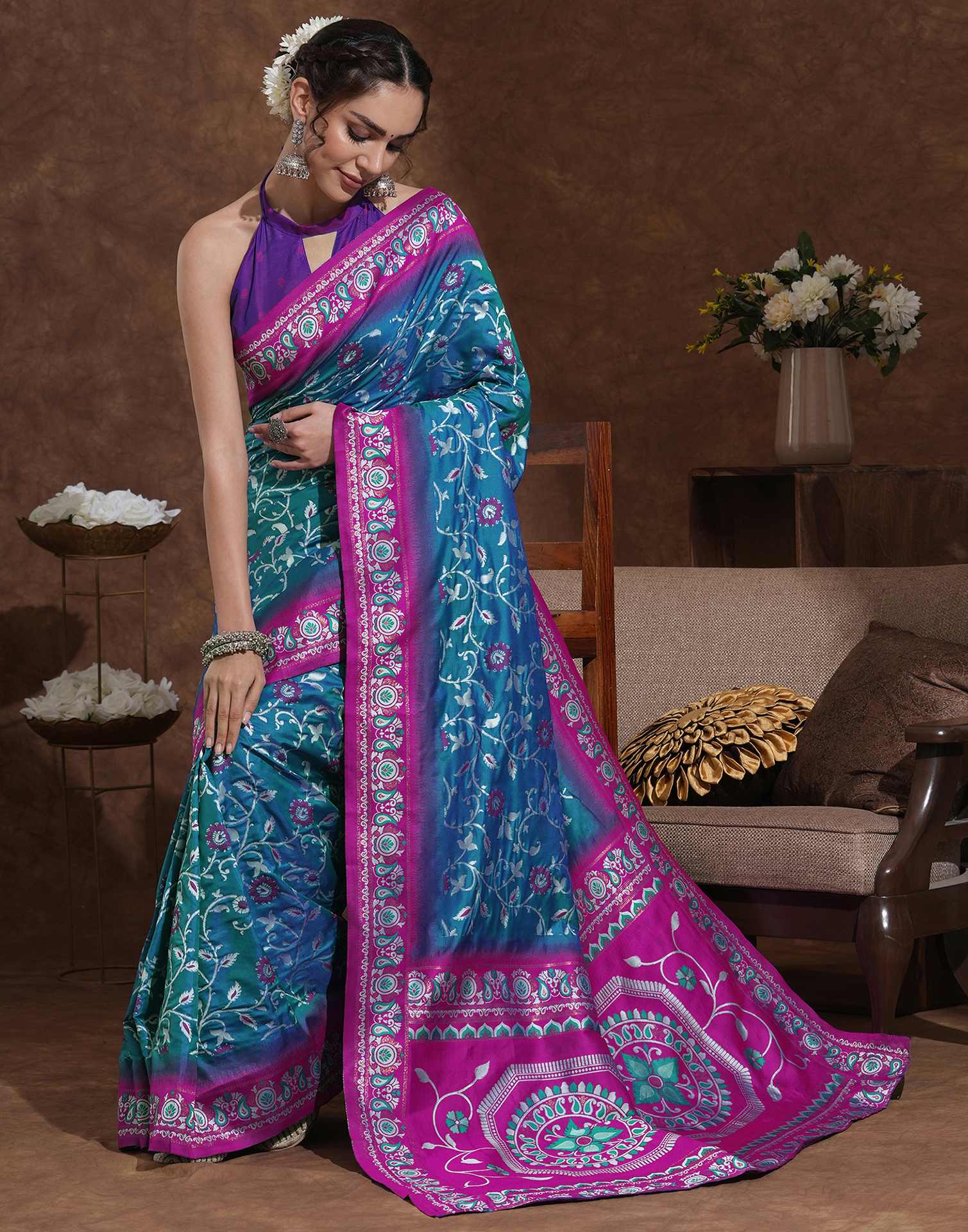 Teal Blue Silk Woven Banarasi Saree