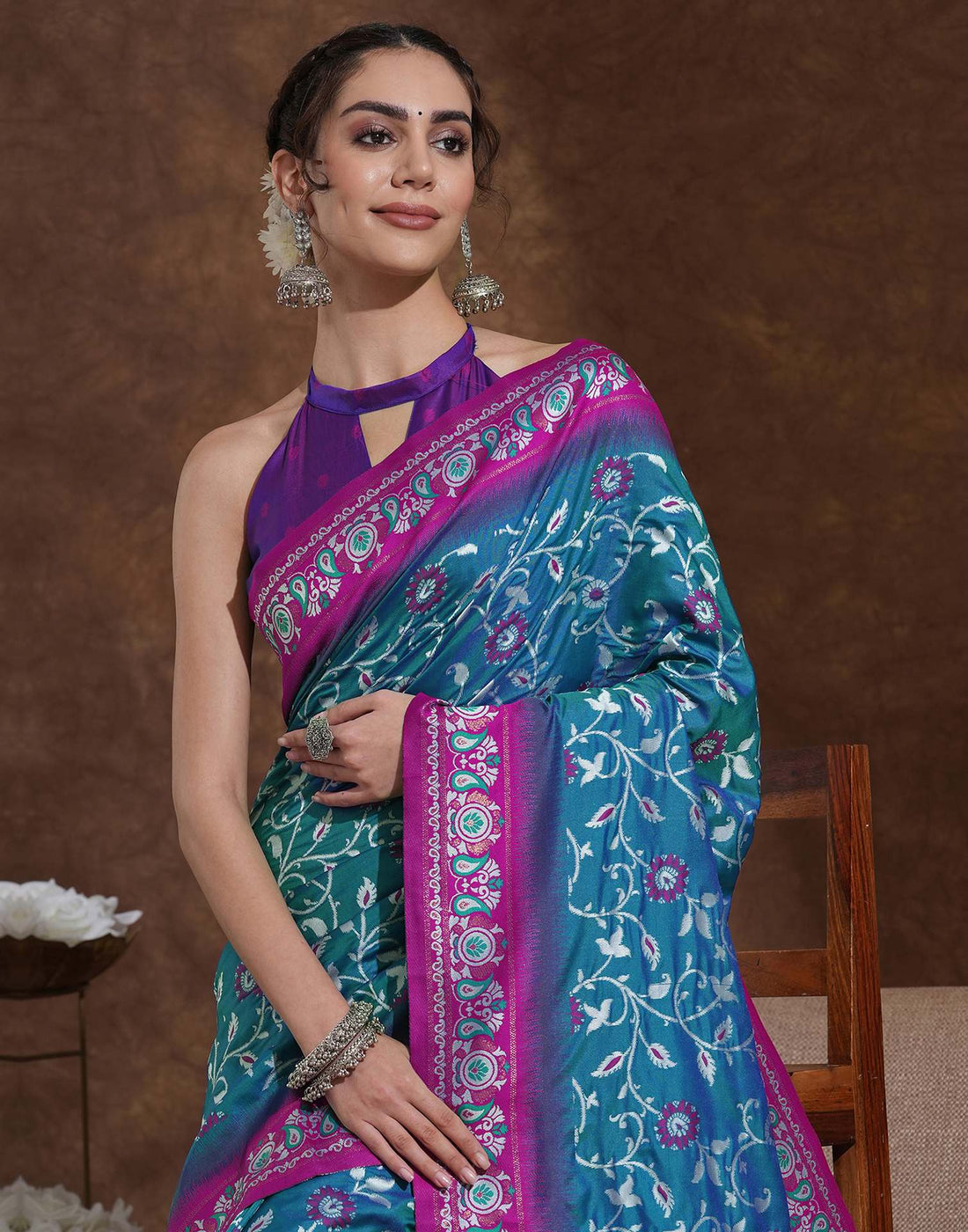Teal Blue Silk Woven Banarasi Saree