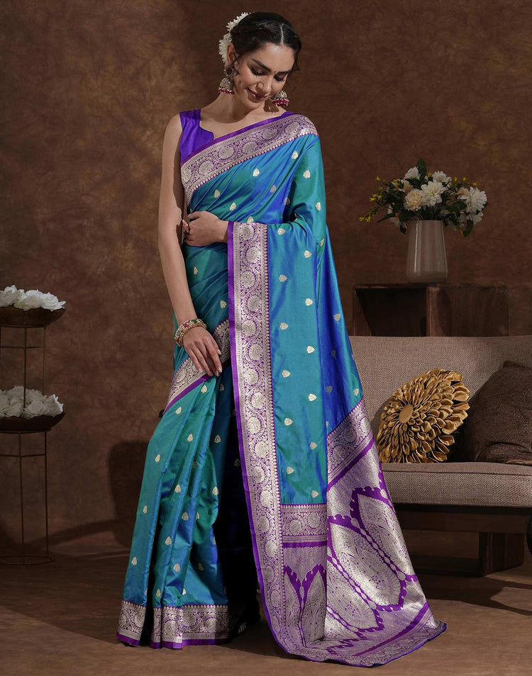 Teal Blue Silk Woven Banarasi Saree