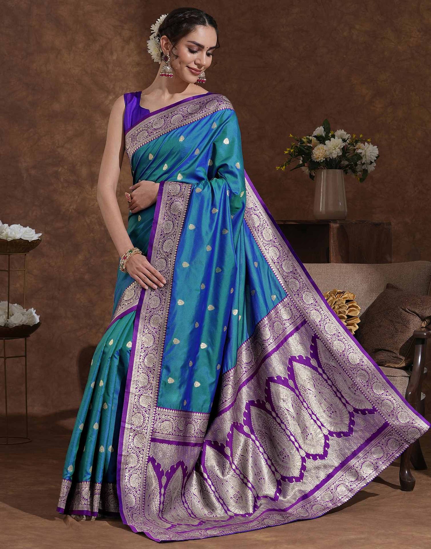 Teal Blue Silk Woven Banarasi Saree