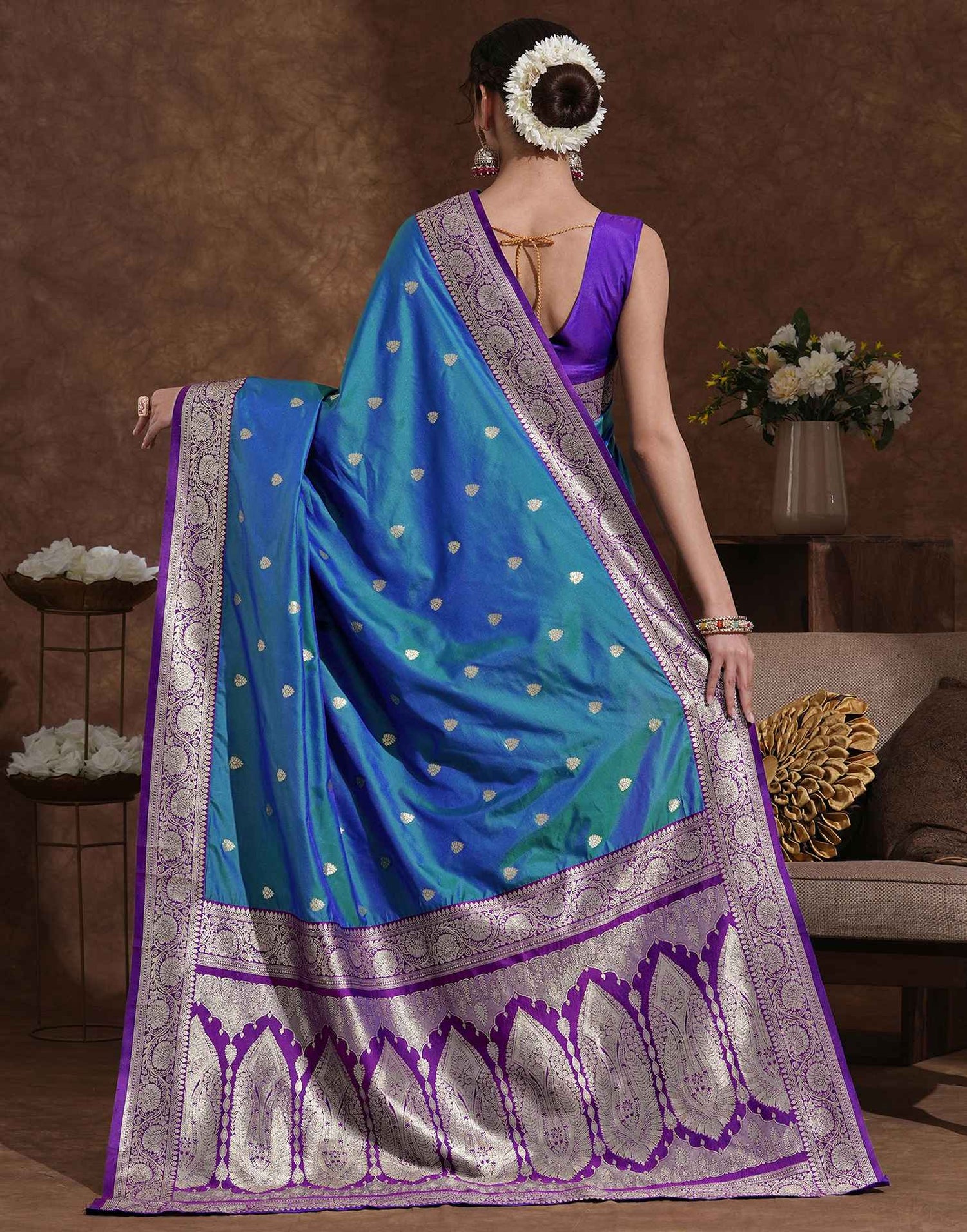 Teal Blue Silk Woven Banarasi Saree