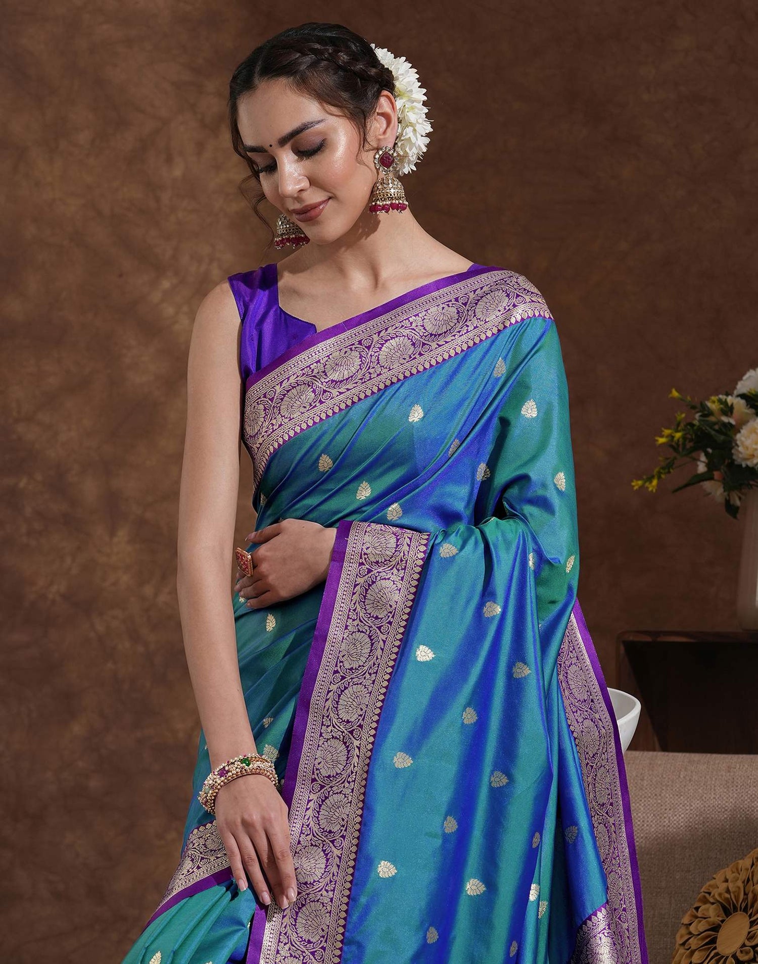 Teal Blue Silk Woven Banarasi Saree