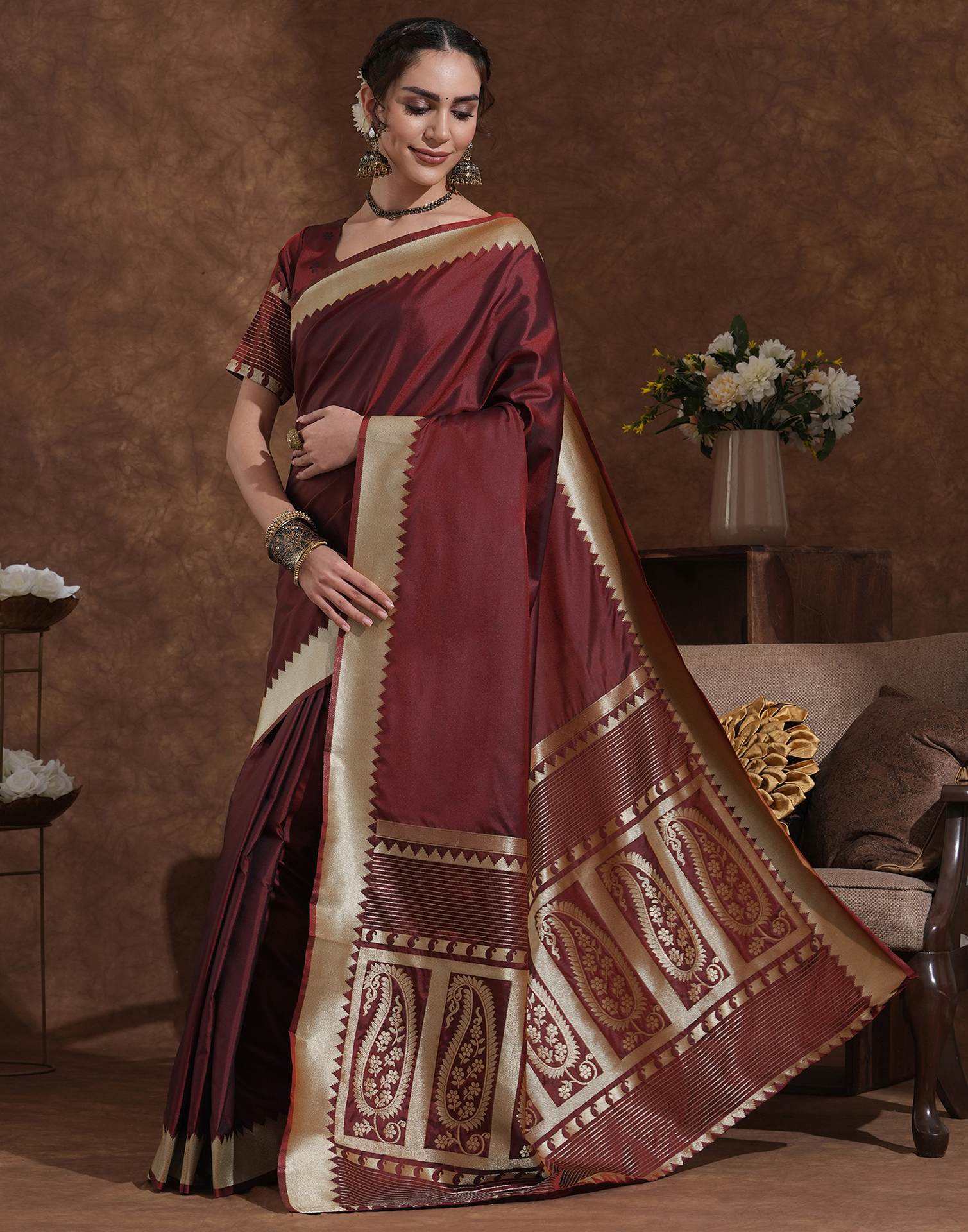 Maroon Silk Woven Kanjivaram Saree
