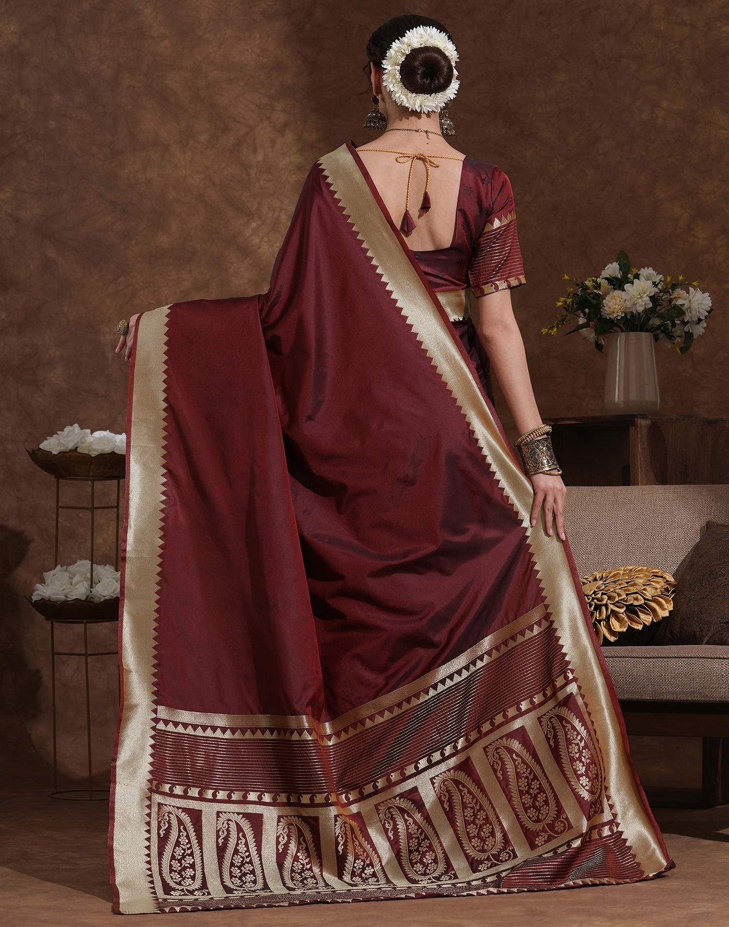 Maroon Silk Woven Kanjivaram Saree