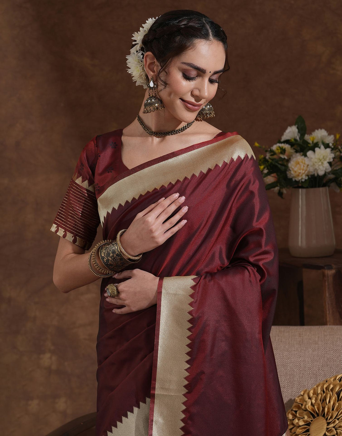 Maroon Silk Woven Kanjivaram Saree
