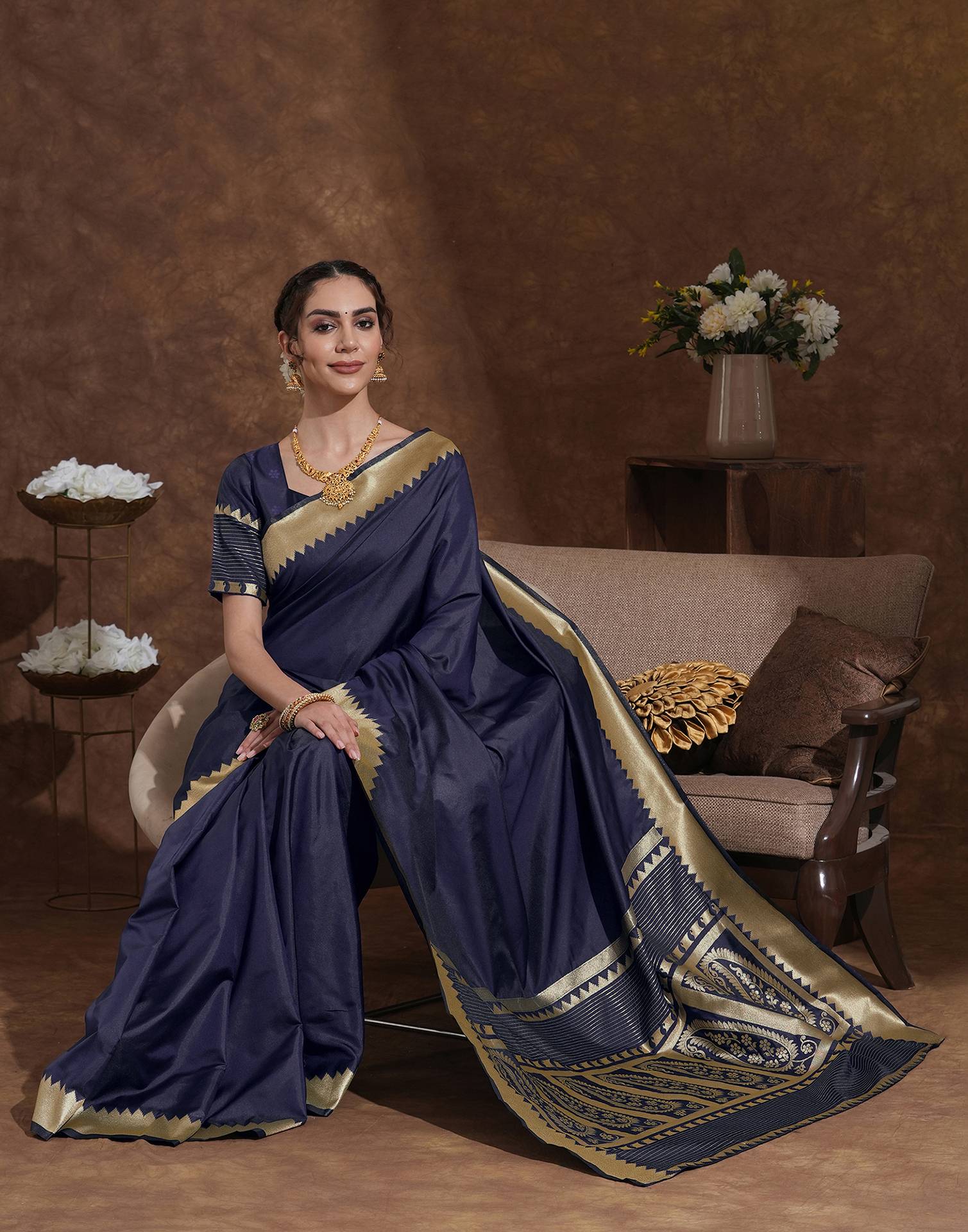 Navy Blue Silk Woven Kanjivaram Saree