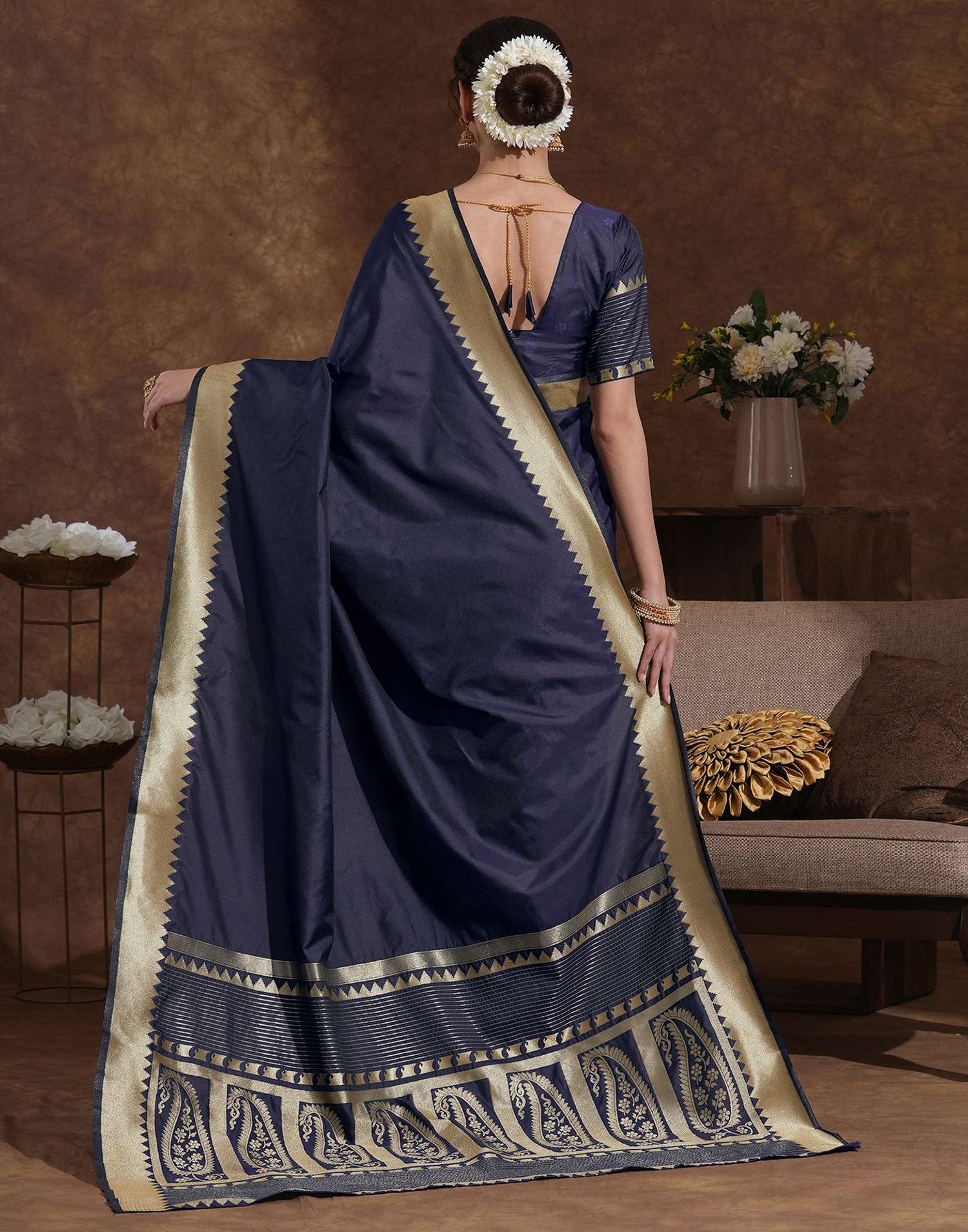 Navy Blue Silk Woven Kanjivaram Saree