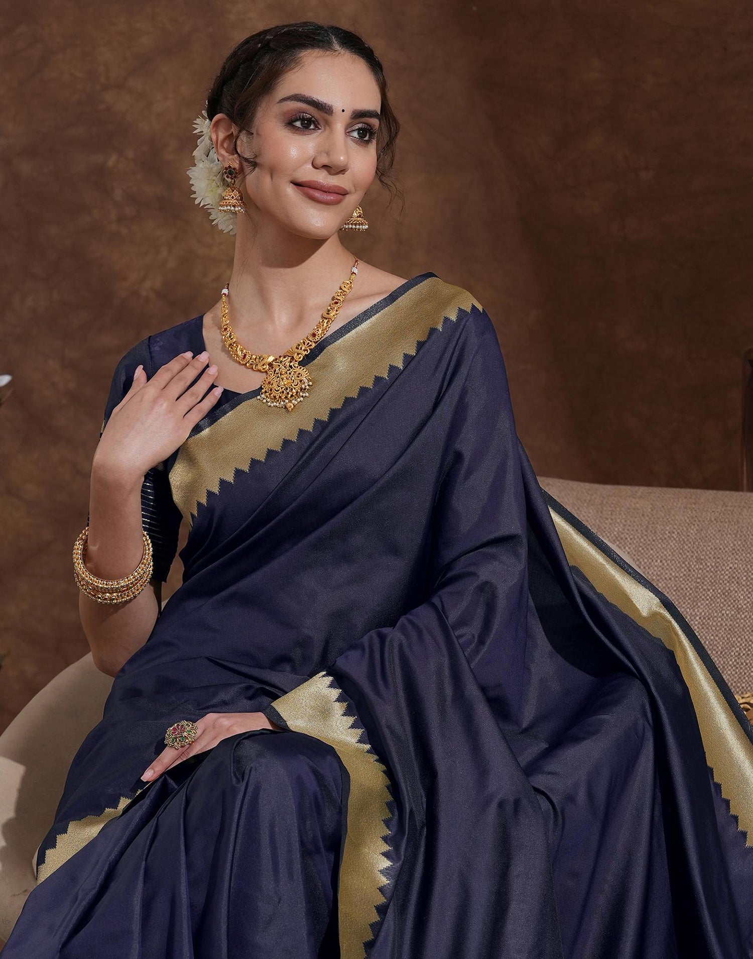 Navy Blue Silk Woven Kanjivaram Saree