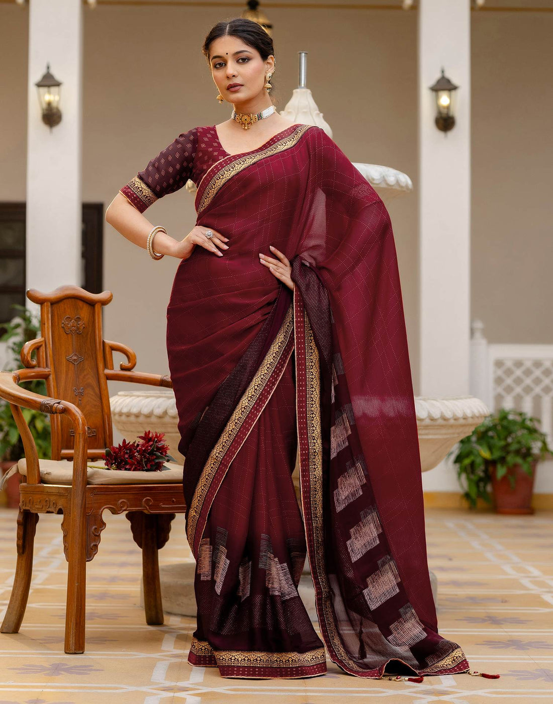 Maroon Chiffon Printed Lace Saree
