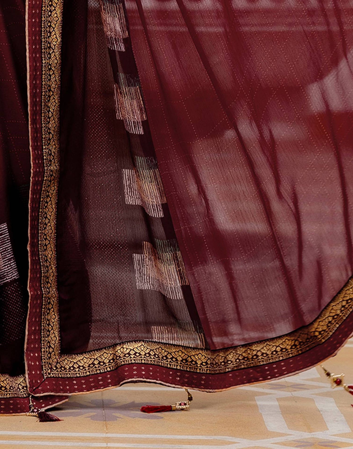 Maroon Chiffon Printed Lace Saree