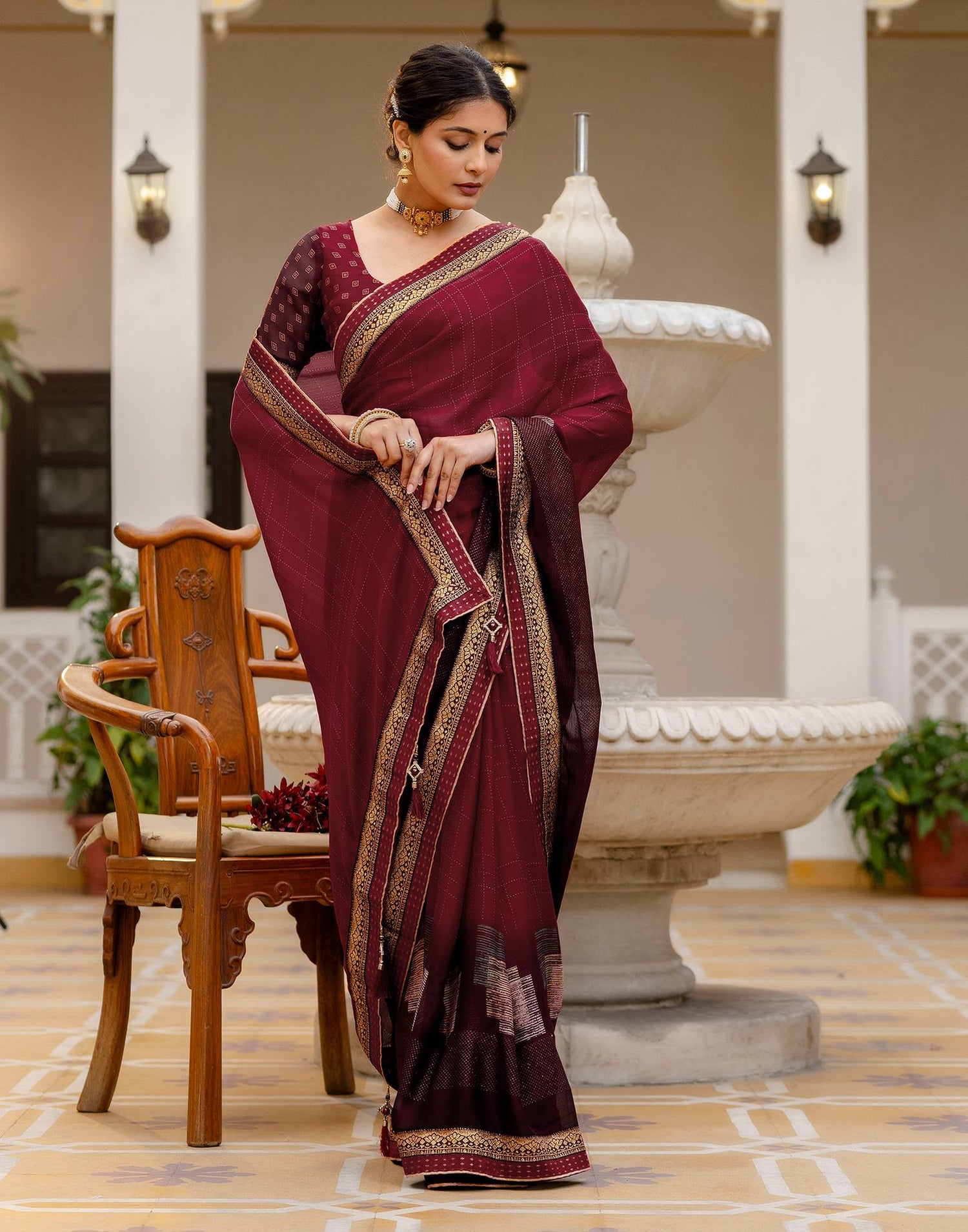 Maroon Chiffon Printed Lace Saree