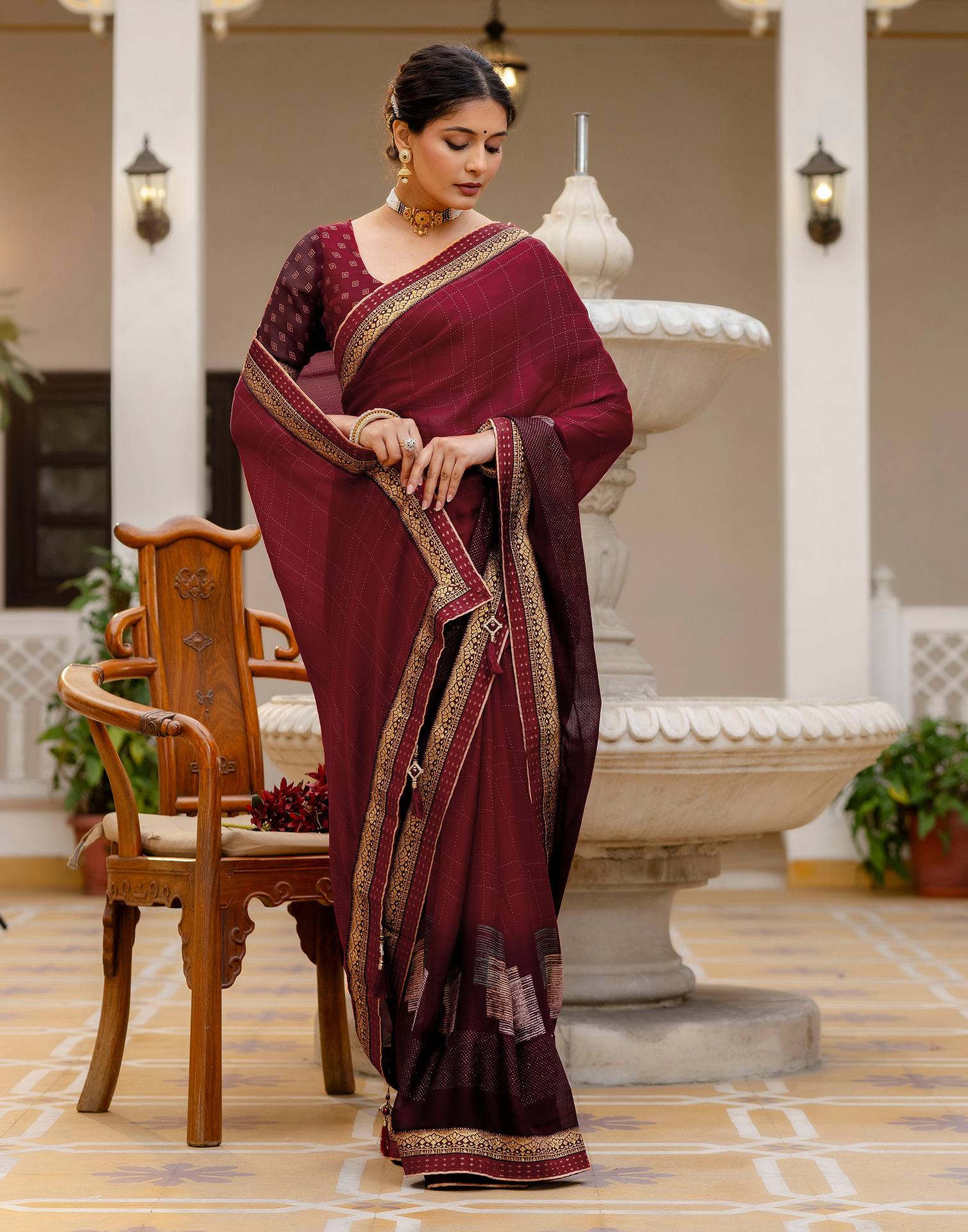 Maroon Chiffon Printed Lace Saree
