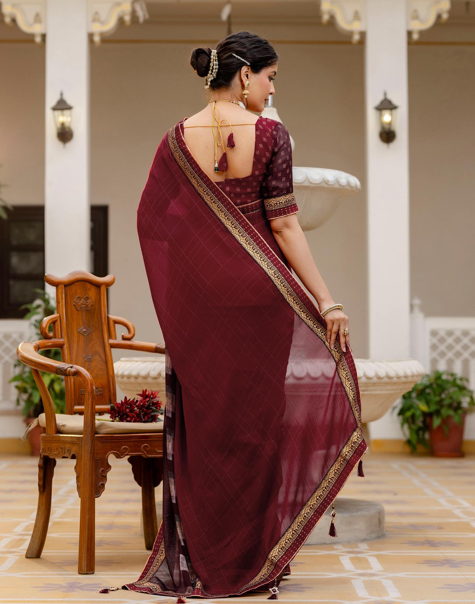 Maroon Chiffon Printed Lace Saree