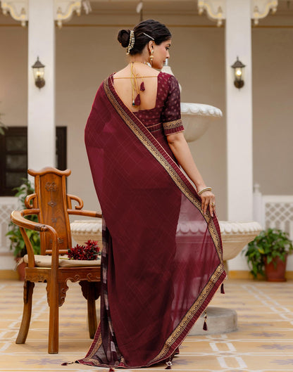 Maroon Chiffon Printed Lace Saree