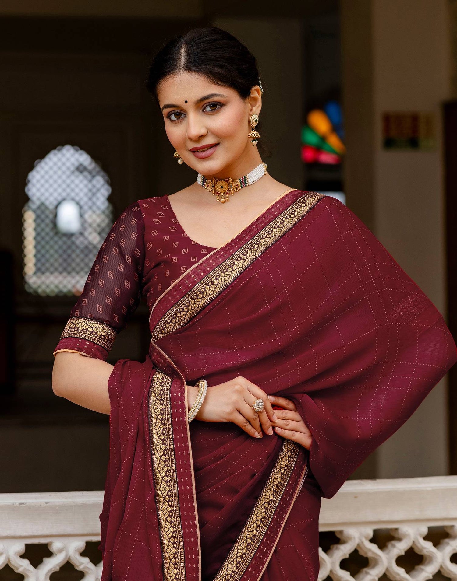 Maroon Chiffon Printed Lace Saree