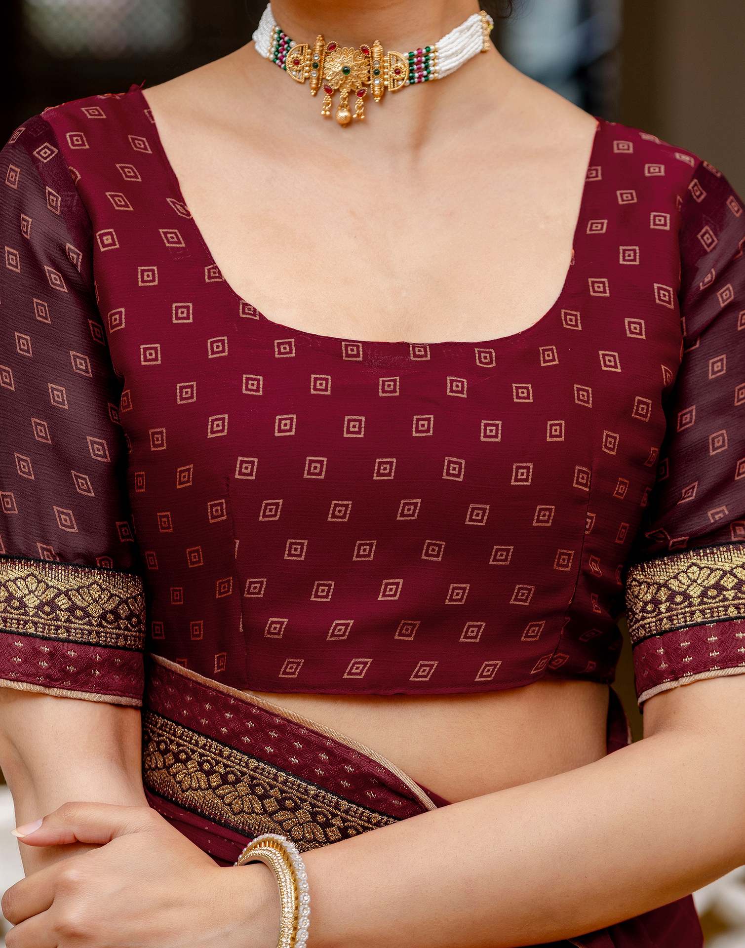 Maroon Chiffon Printed Lace Saree