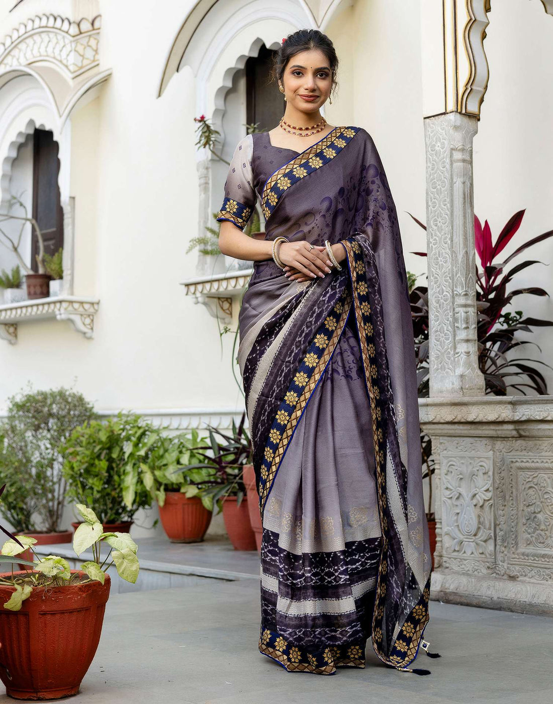 Grey Chiffon Printed Lace Saree