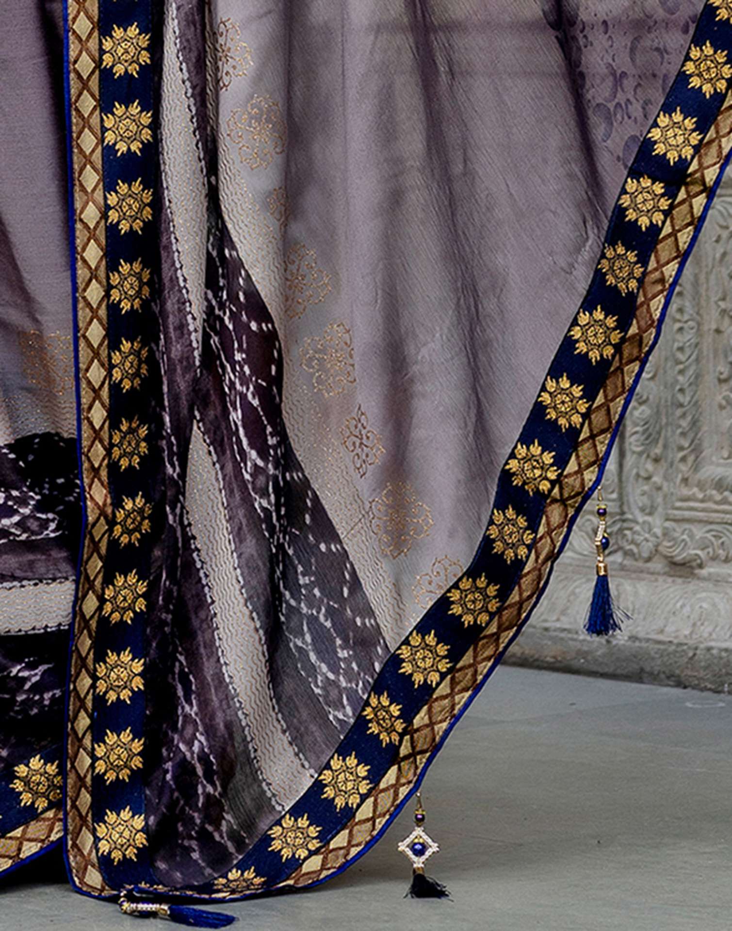 Grey Chiffon Printed Lace Saree