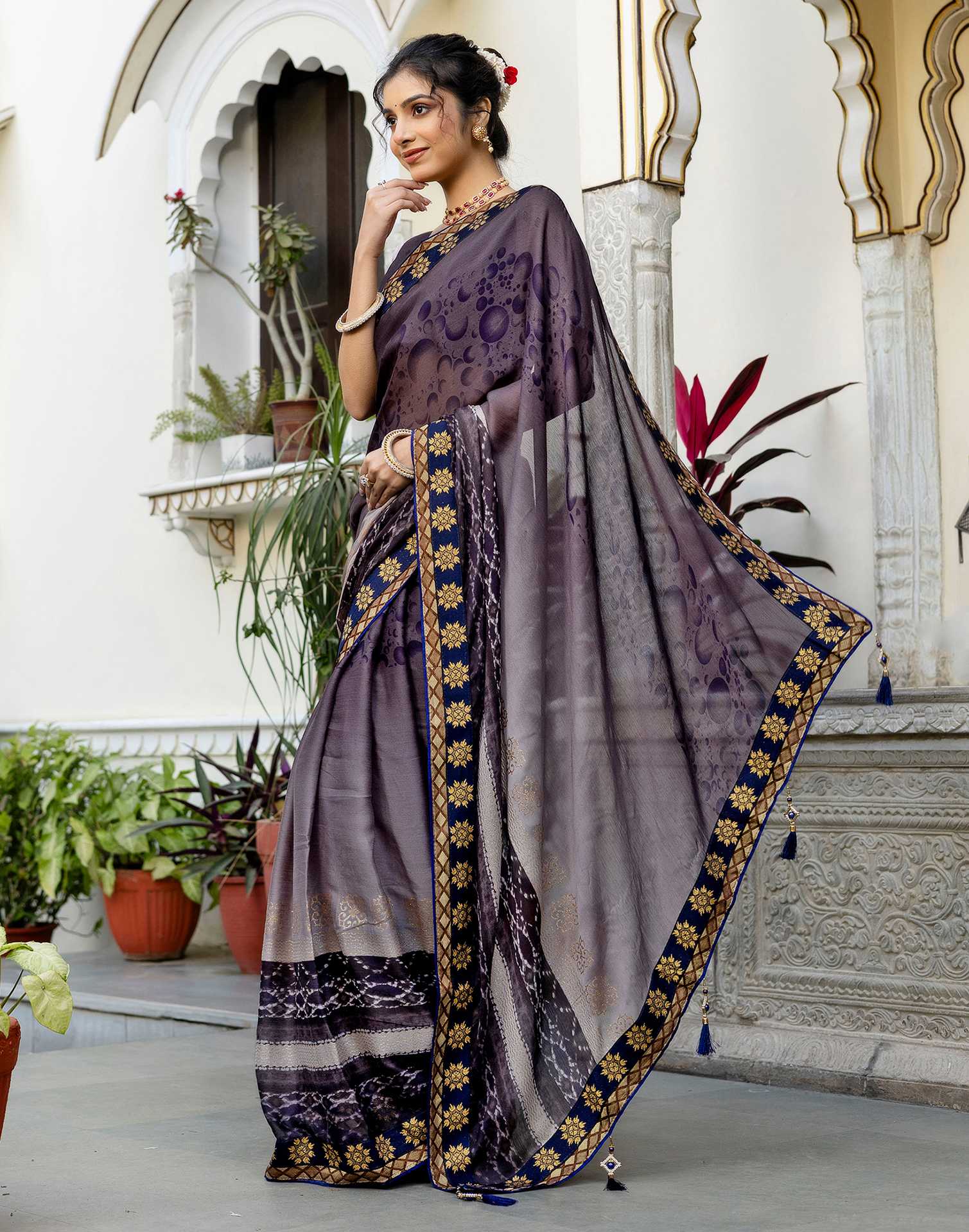 Grey Chiffon Printed Lace Saree