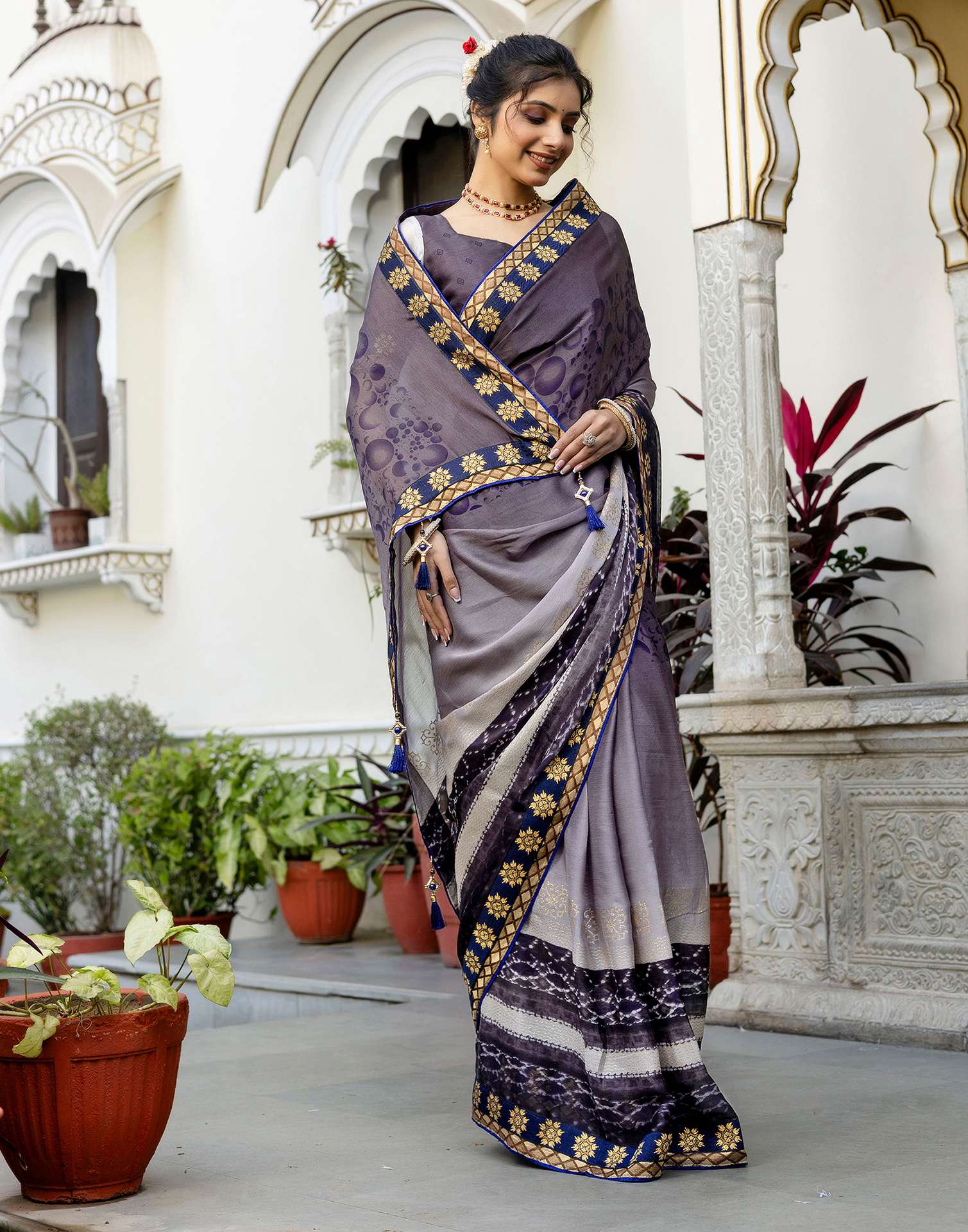 Grey Chiffon Printed Lace Saree