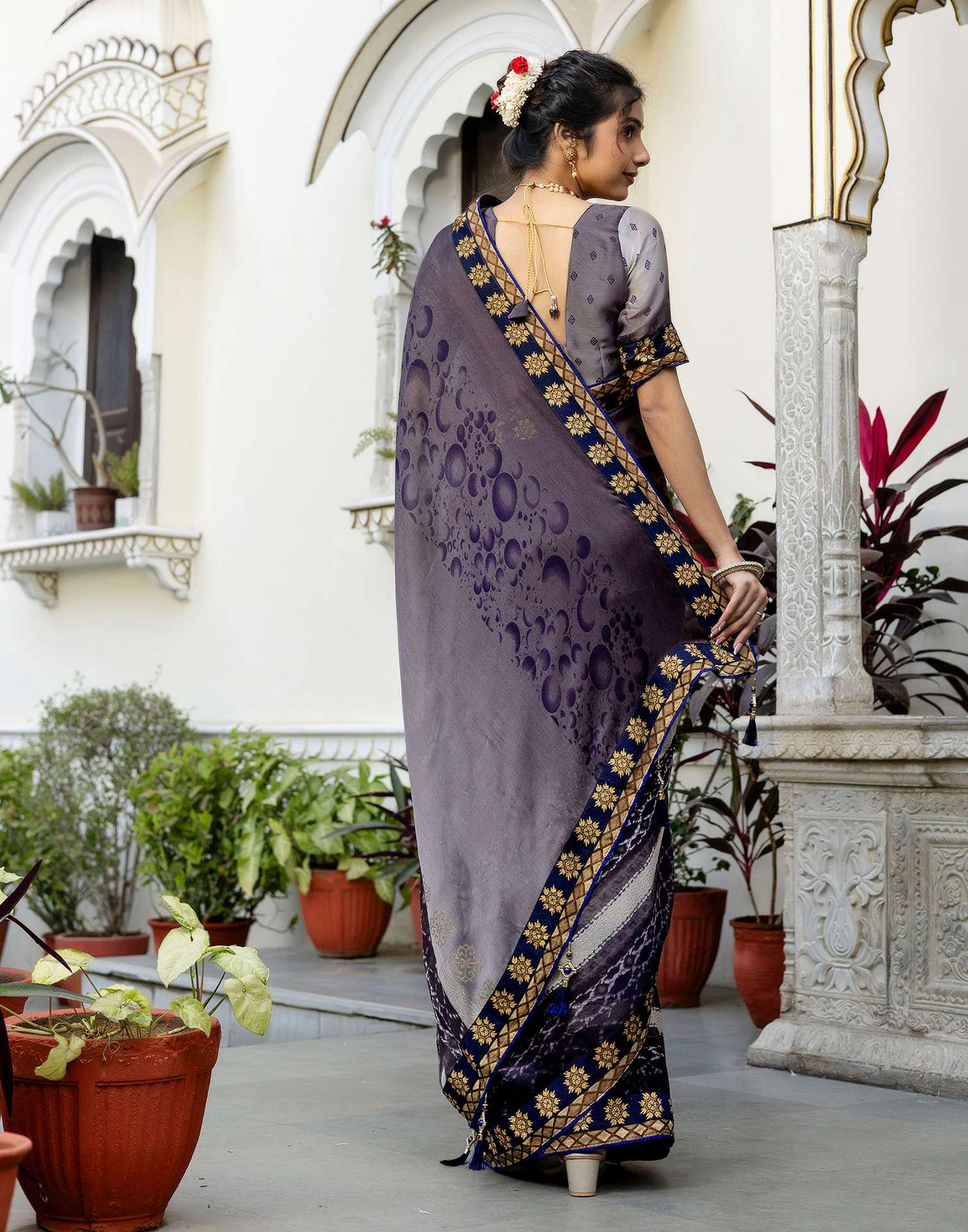 Grey Chiffon Printed Lace Saree