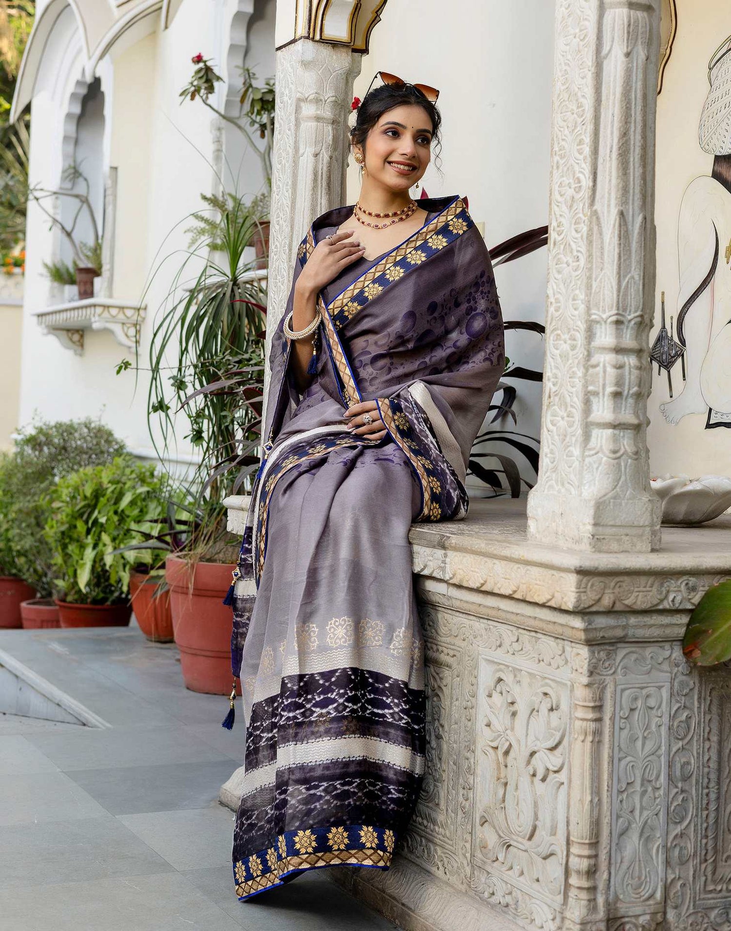 Grey Chiffon Printed Lace Saree