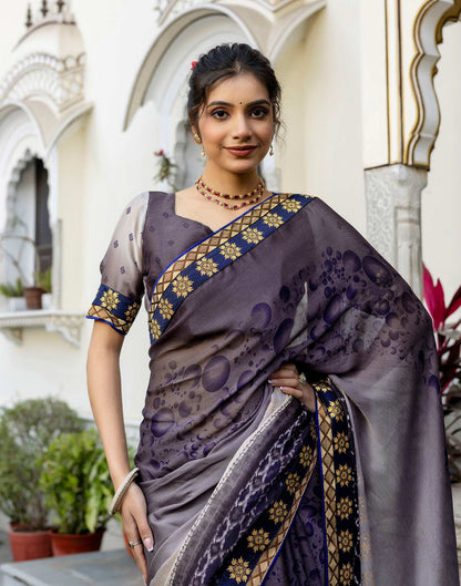 Grey Chiffon Printed Lace Saree