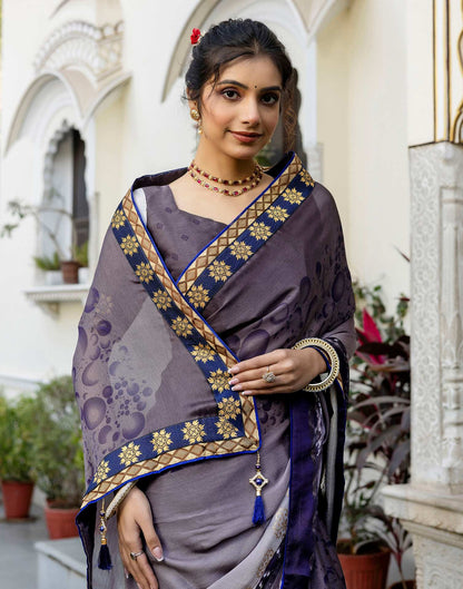 Grey Chiffon Printed Lace Saree