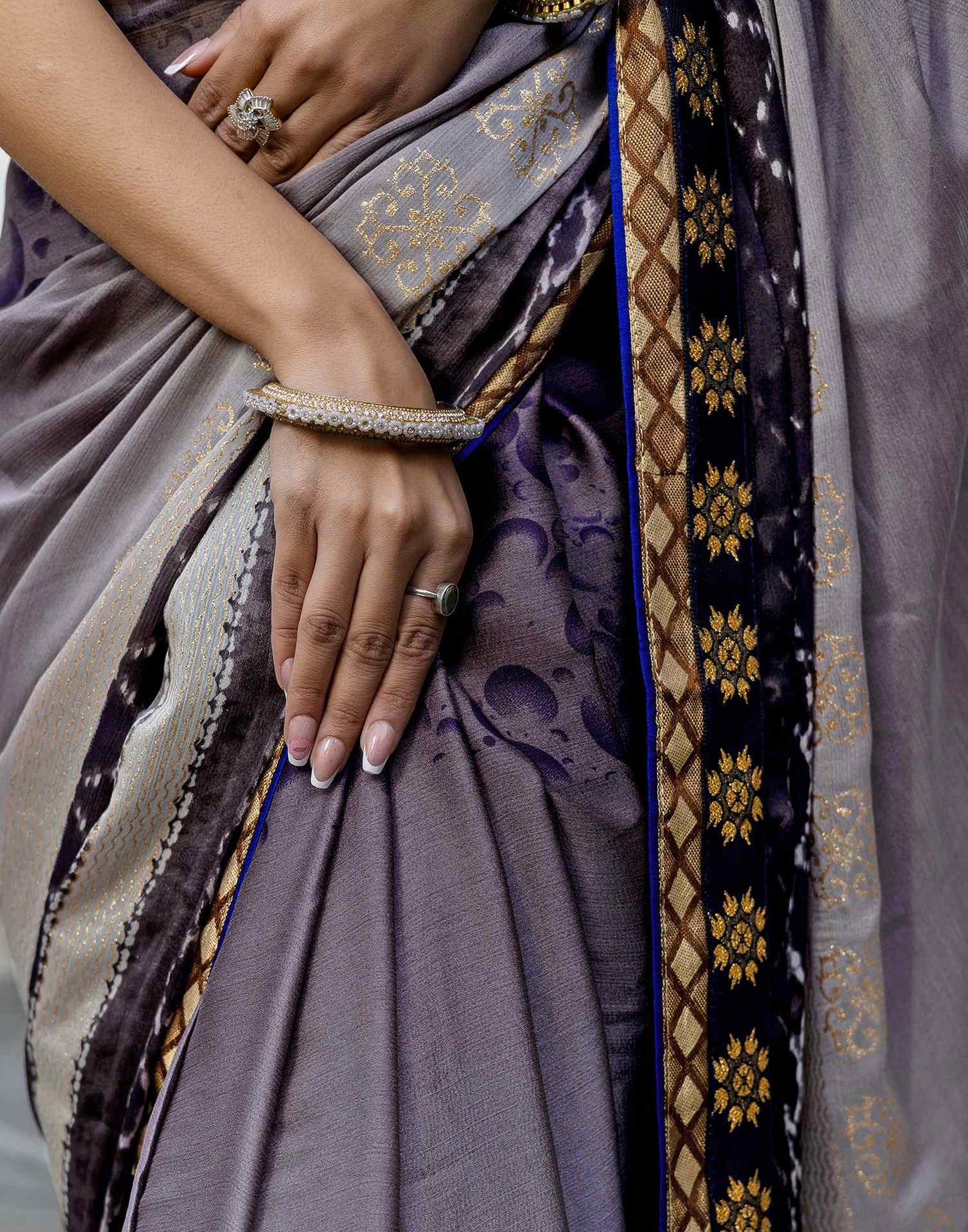 Grey Chiffon Printed Lace Saree