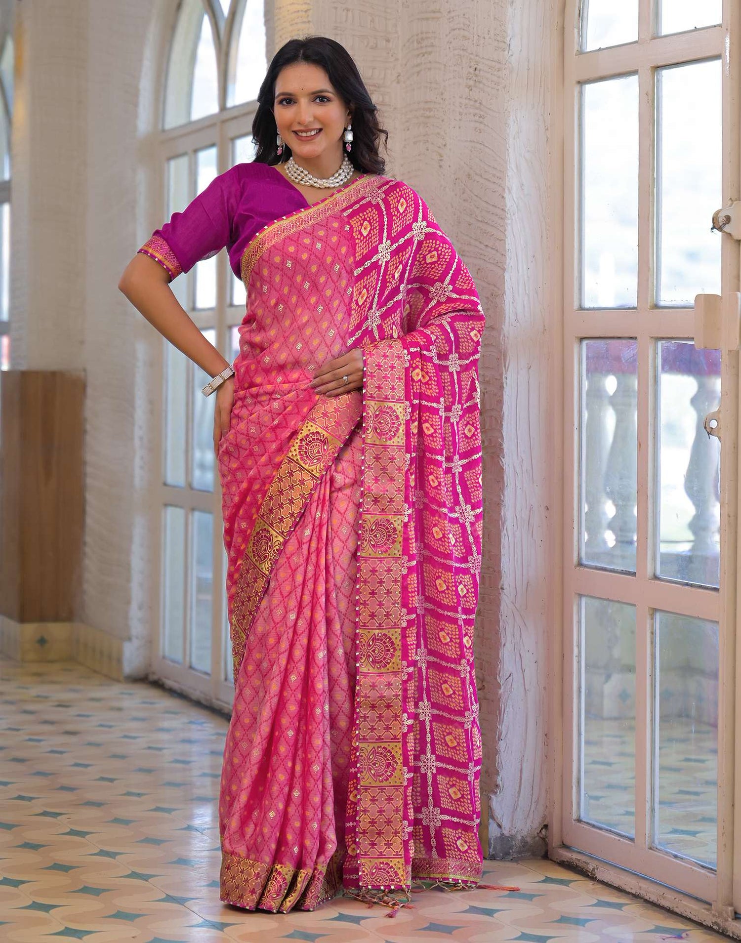 Light Pink Chiffon Foil Printed Bandhani Saree