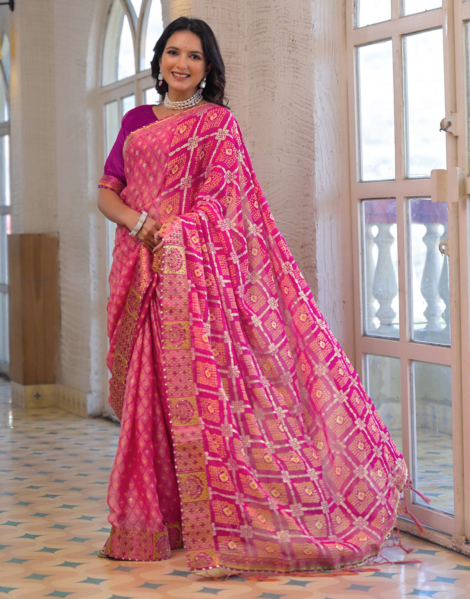 Light Pink Chiffon Foil Printed Bandhani Saree