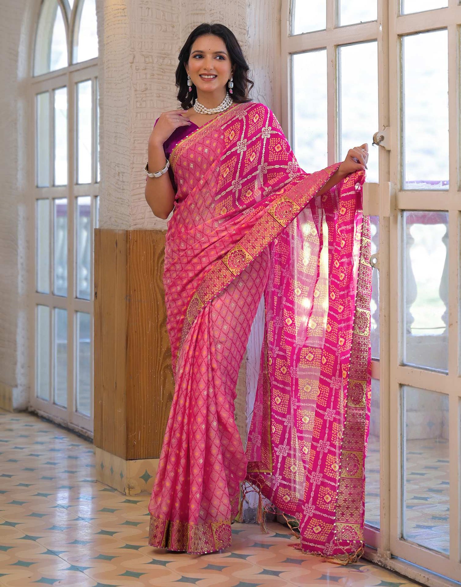 Light Pink Chiffon Foil Printed Bandhani Saree