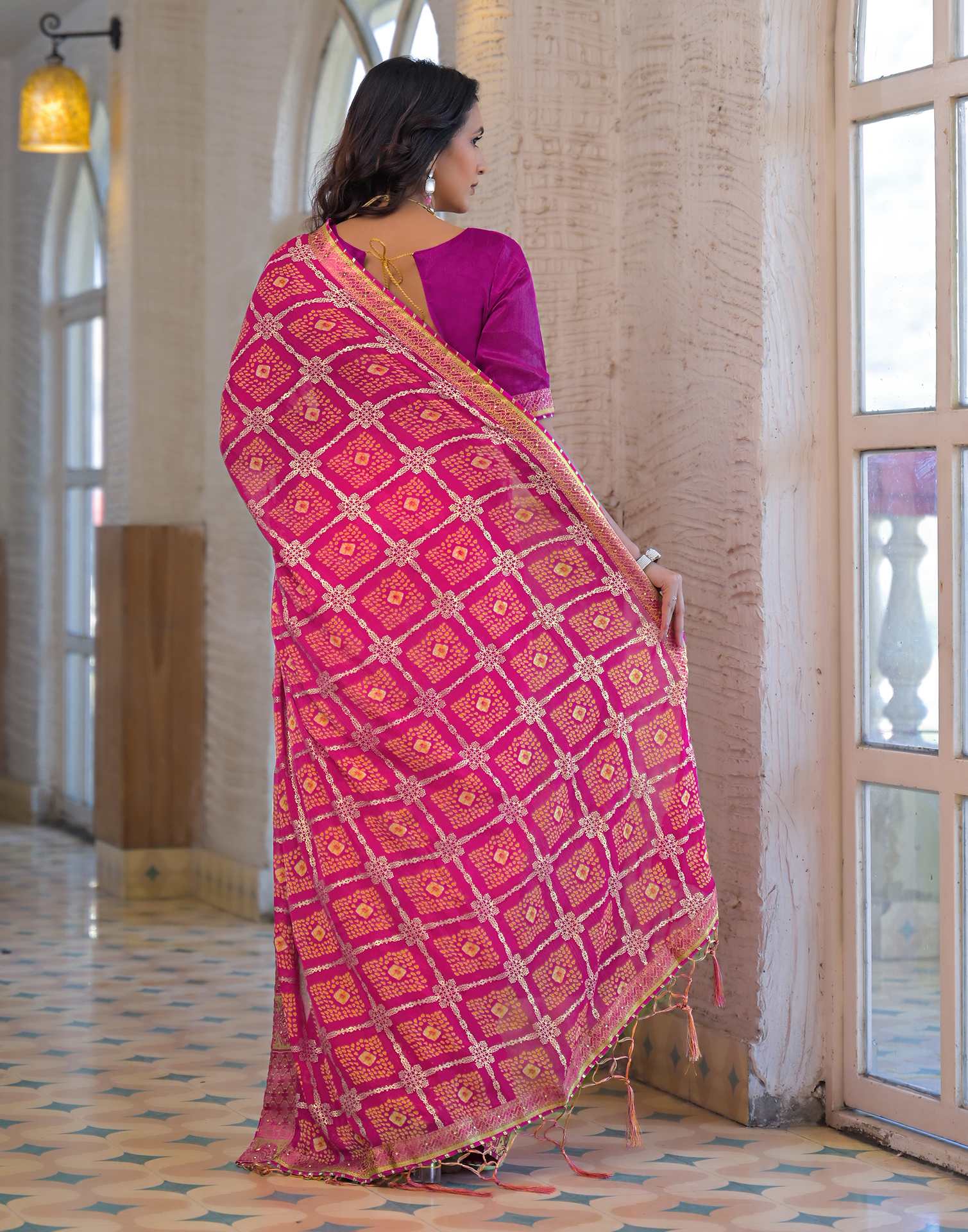 Light Pink Chiffon Foil Printed Bandhani Saree