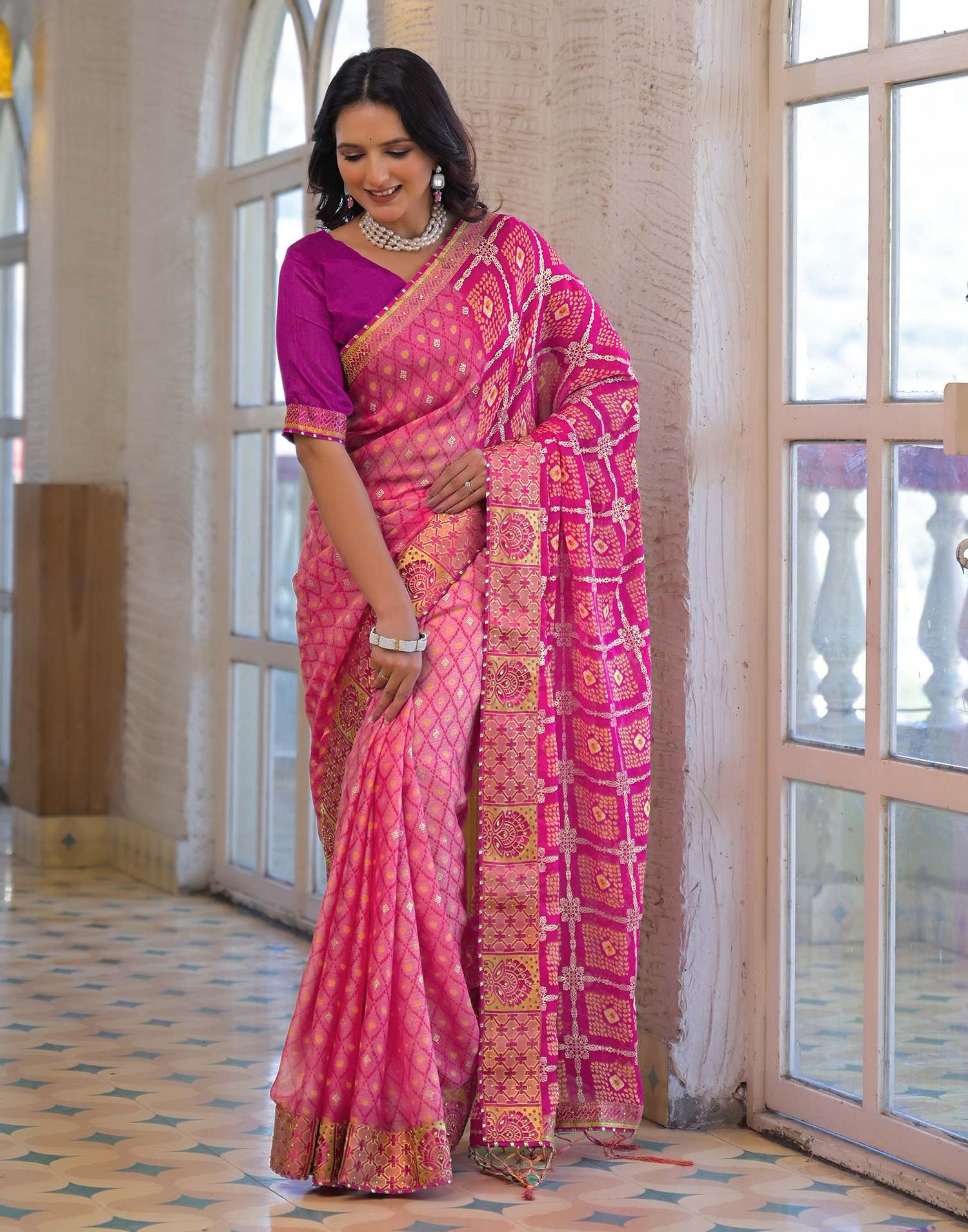 Light Pink Chiffon Foil Printed Bandhani Saree