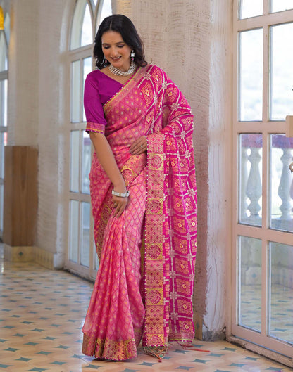 Light Pink Chiffon Foil Printed Bandhani Saree