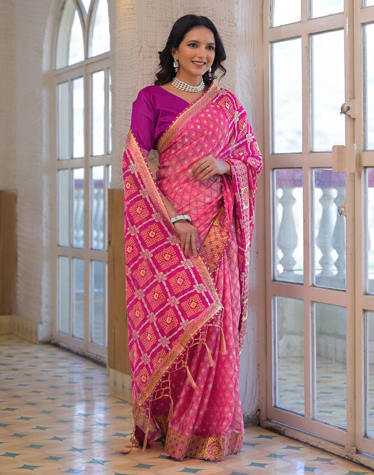 Light Pink Chiffon Foil Printed Bandhani Saree