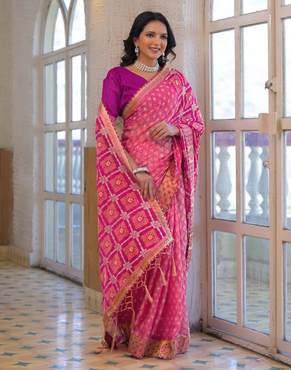 Light Pink Chiffon Foil Printed Bandhani Saree