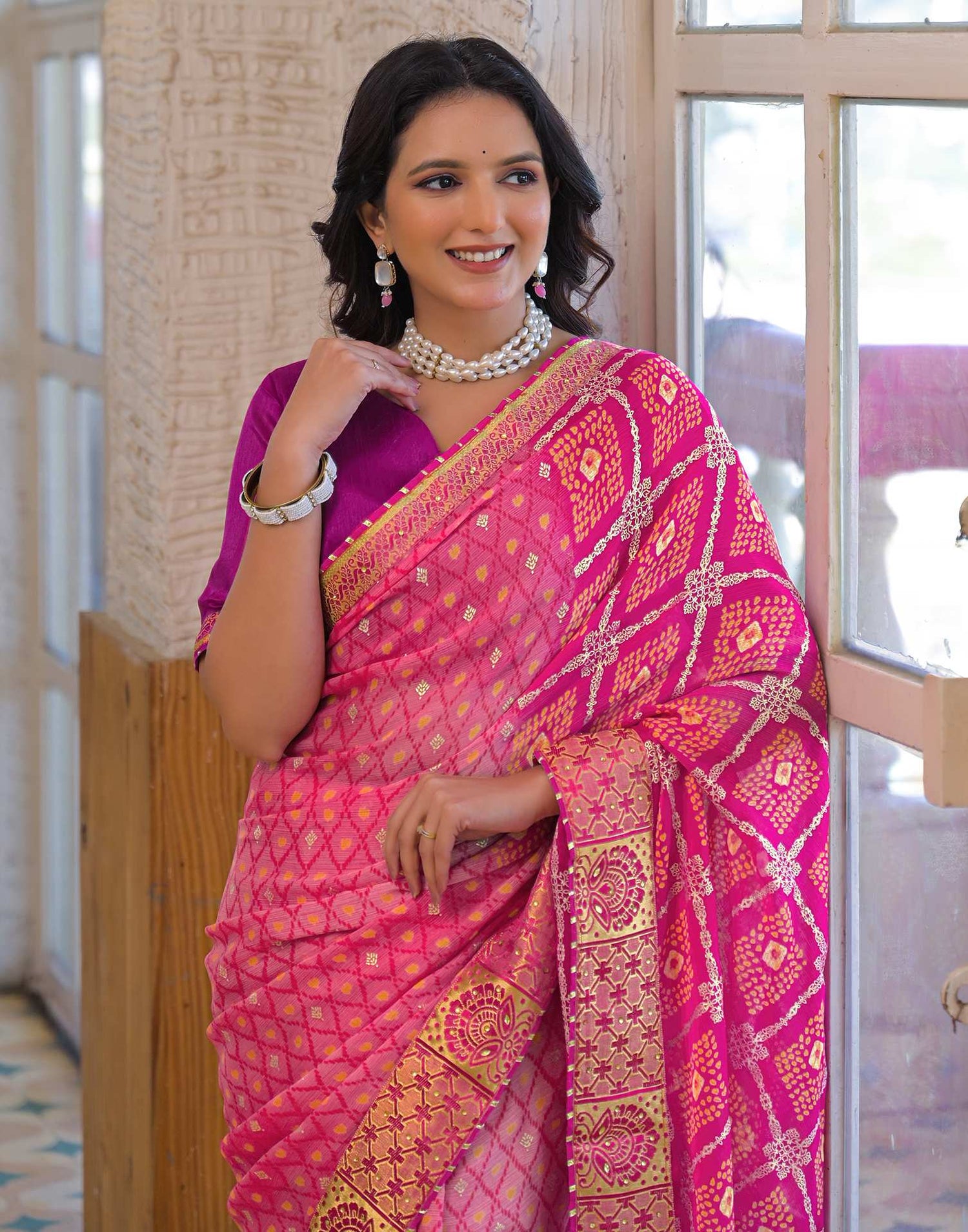 Light Pink Chiffon Foil Printed Bandhani Saree